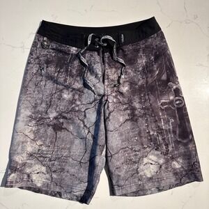 Affliction Men's Board Shorts Graphic Print Skull Cross Black Grey